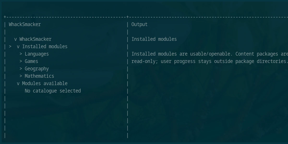 WhackSmacker CLI installed modules screen listing Languages, Games, Geography, and Mathematics