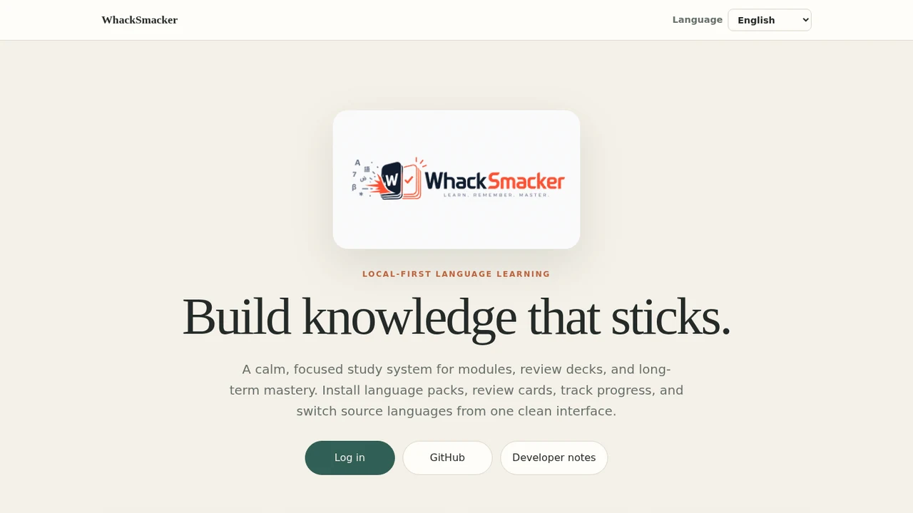 WhackSmacker public landing page with the product logo, Build knowledge that sticks heading, and login button